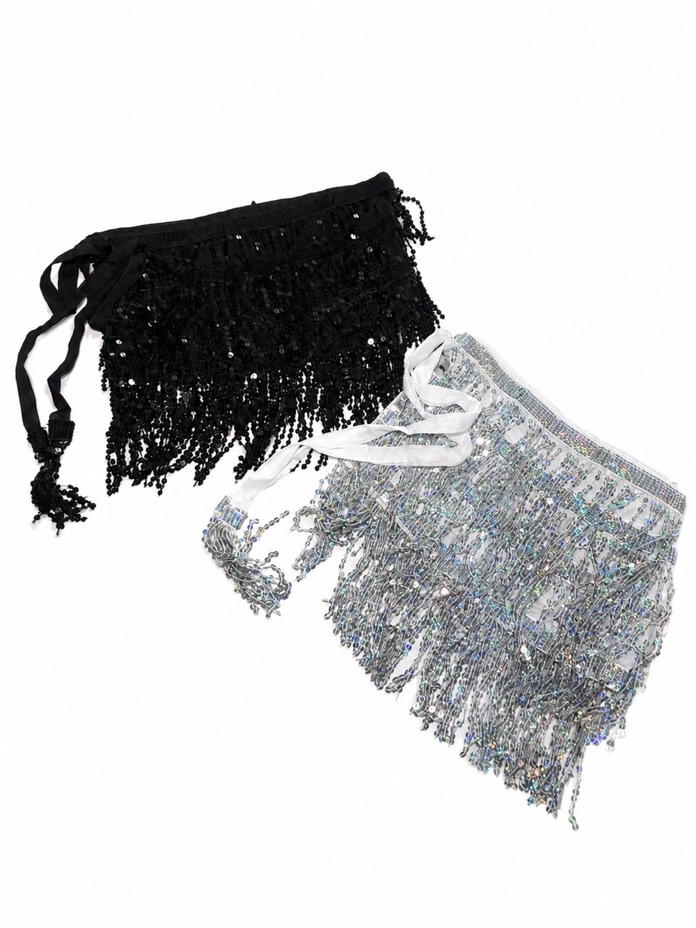 2pc Sequin Fringe Wrap Skirt Black Silver Party Festival Y2K S